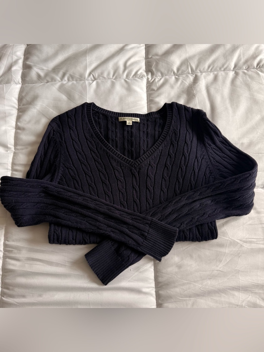Fairway & Greene Navy Cable Knit V-Neck Sweater